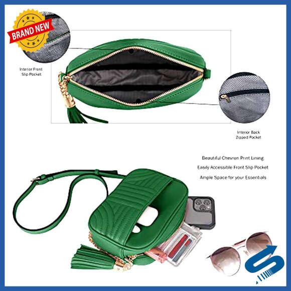 Medium Quilted Crossbody Bag with Tassel, Vegan Leather, Adjustable Strap - Picture 3 of 7